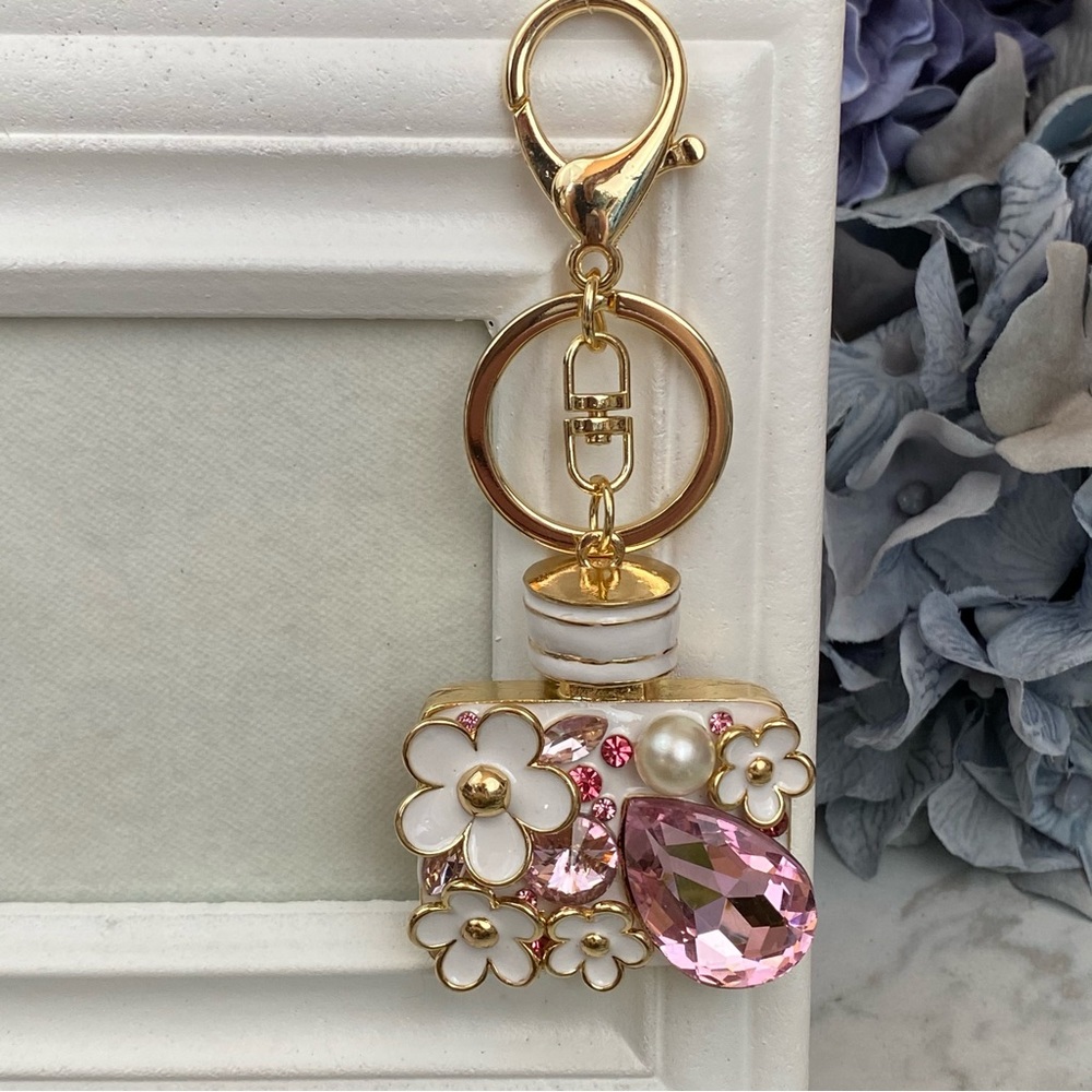 Pink Crystal Flower Perfume Bottle Keychain Charm - Picture 4 of 16
